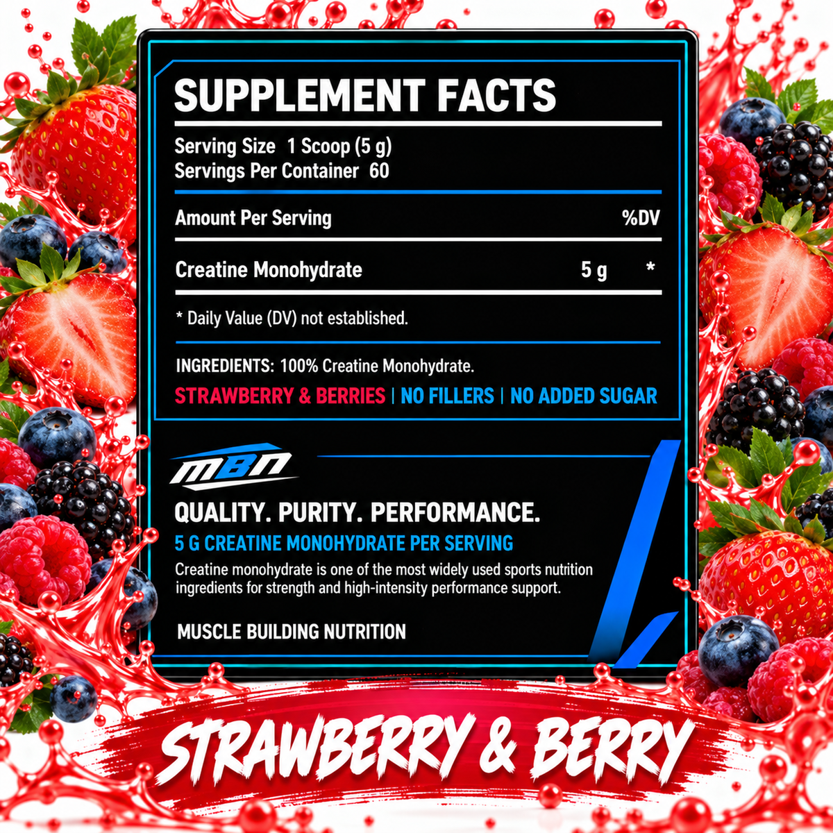 Creatine Monohydrate — Strawberry & Berries — 99.9% Pure 300g (60 servings)