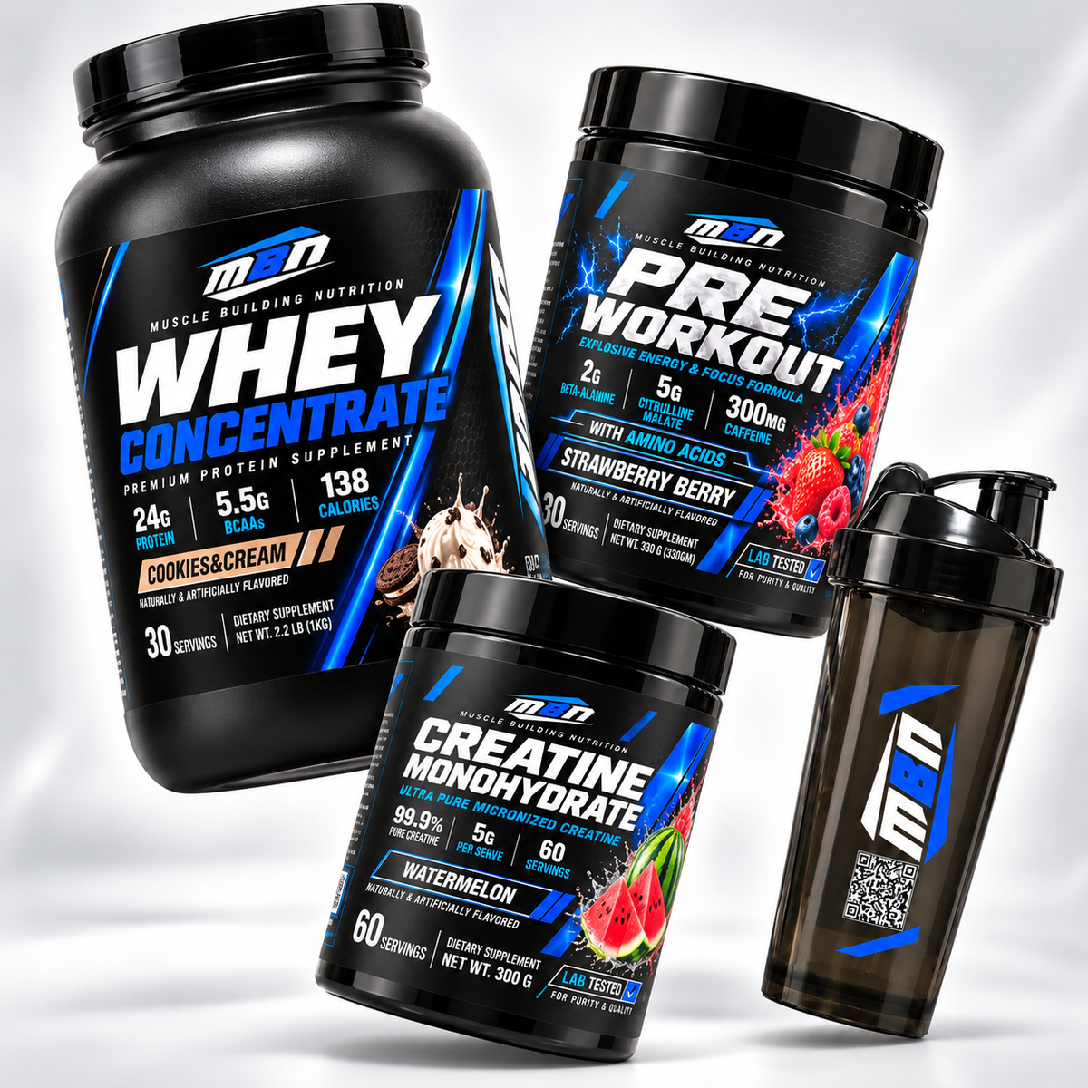 Whey Protein Concentrate + Creatine + Pre-Workout + Shaker Bundle