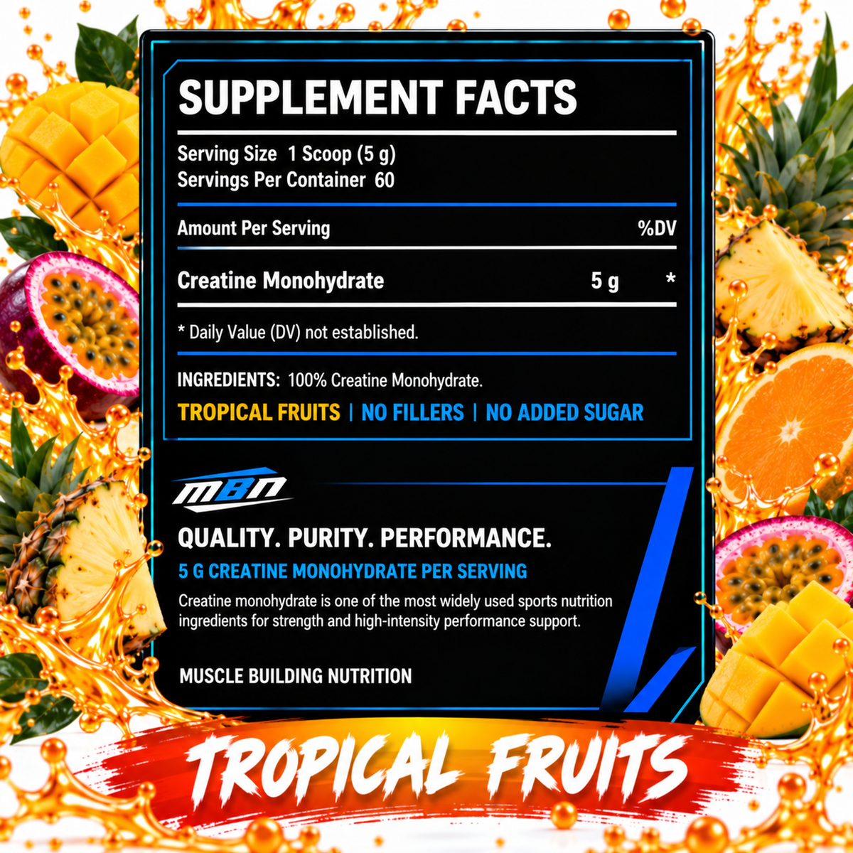 Creatine Monohydrate — Tropical Fruits — 99.9% Pure 300g (60 servings)